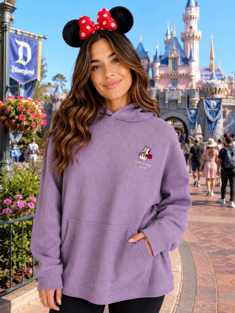 Disney Parks Minnie Mouse Waffle Knit Hoodie L Lavender